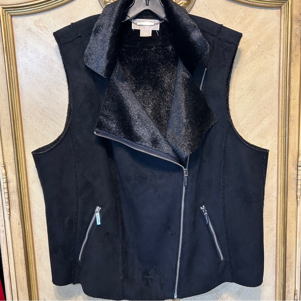 Michael Kors Black Faux Suede Seal Fur Moto Vest